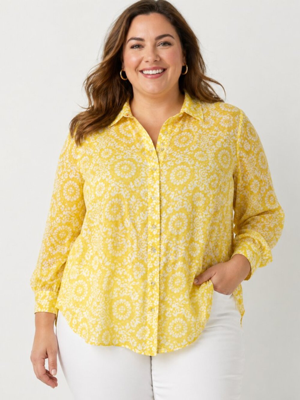 NWT Talbots Sheer Yellow White Print Button Blouse Plus Size 3Xp 3X Petite Top